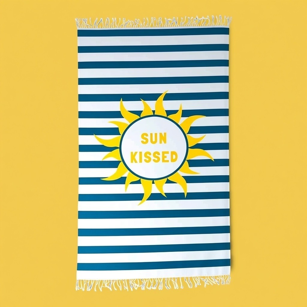 Fouta Limone&Sole Sun Kissed en coton rayé bleu et blanc avec un motif de soleil jaune central et des franges