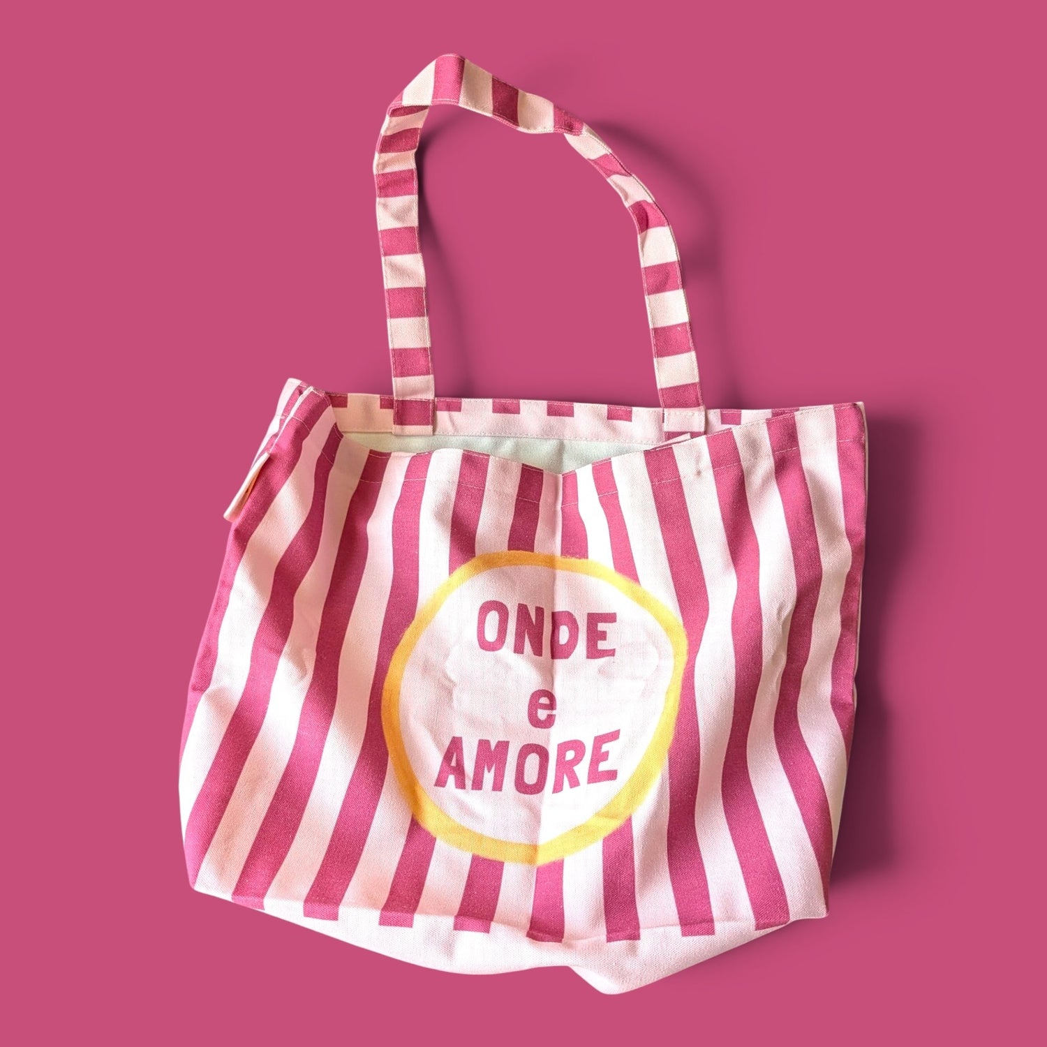 Tote bag Onde e Amore Limone&Sole rayé rose et blanc, sac de plage en tissu léger 51 × 35 cm