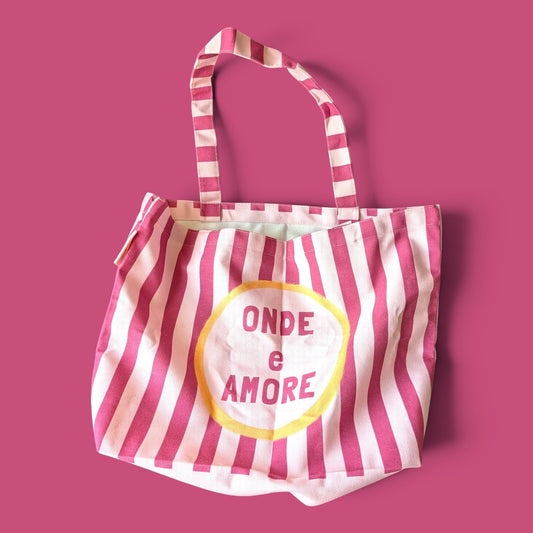 Tote bag Onde e Amore Limone&Sole rayé rose et blanc, sac de plage en tissu léger 51 × 35 cm