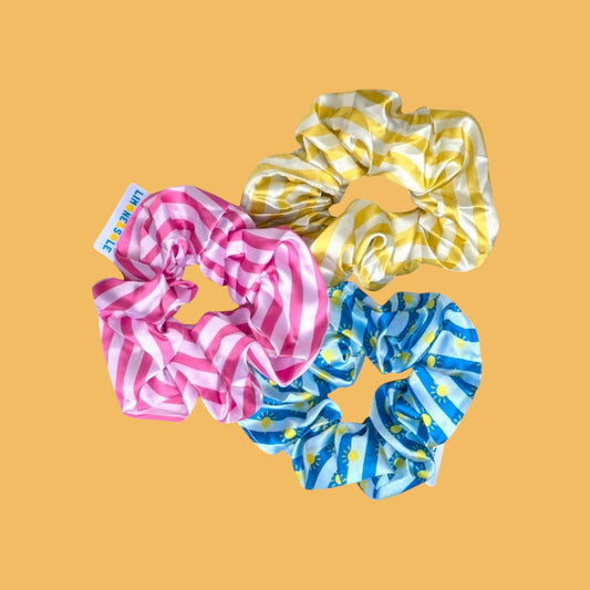 Trio de chouchous en satin Limone&Sole rayés rose, jaune et bleu avec motifs soleils, accessoires cheveux brillants
