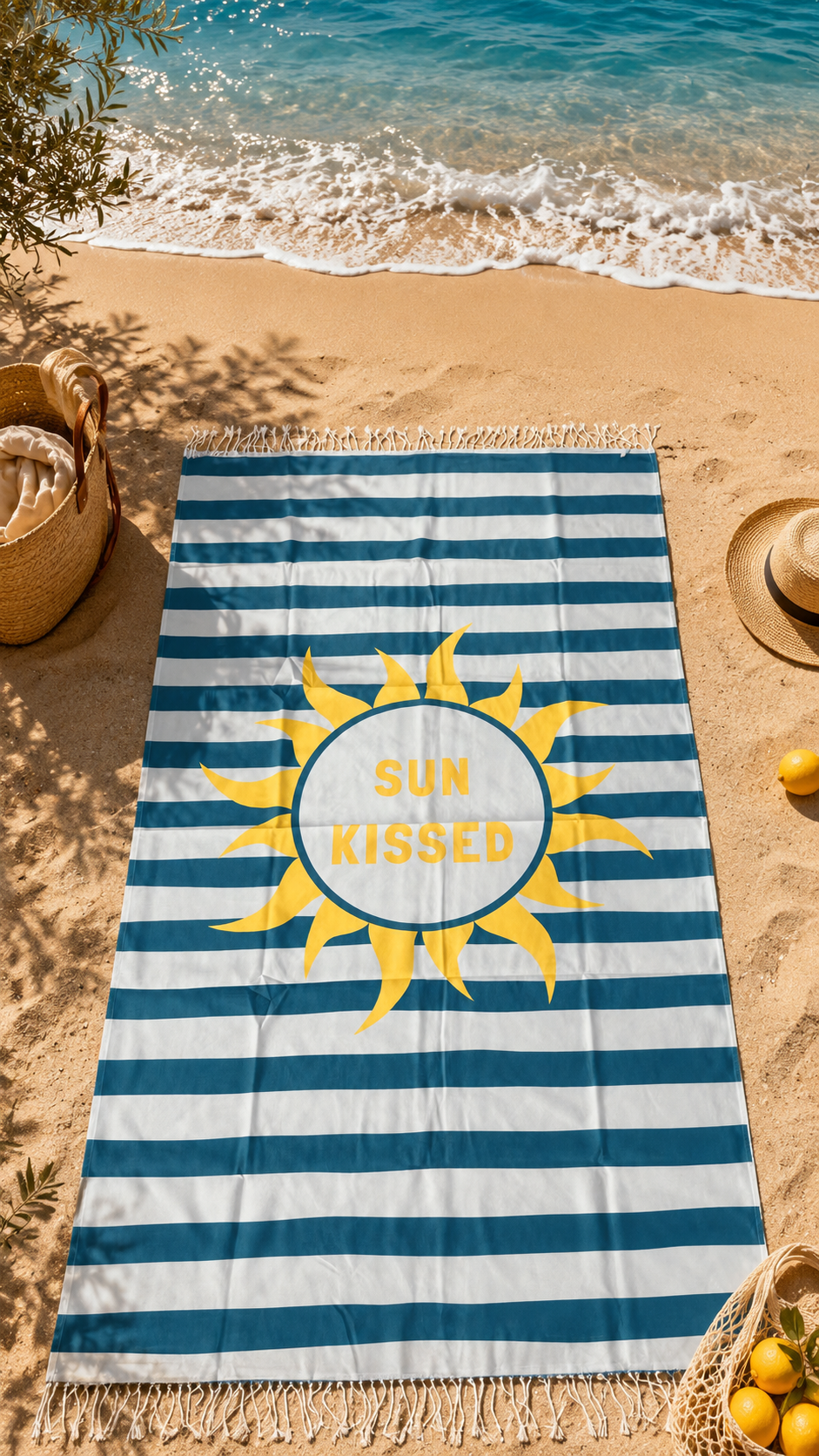 Fouta Sun Kissed Limone&Sole en coton rayé bleu avec soleil jaune central